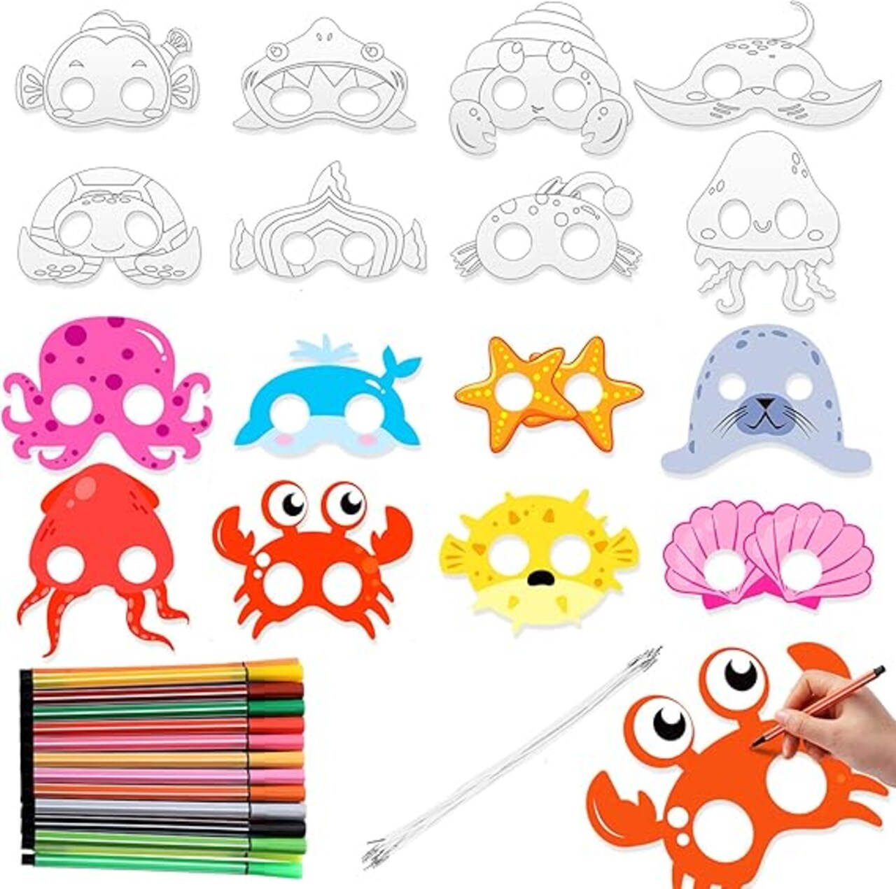 16 Pcs Ocean Animals Mask Craft Kit 16 Pcs DIY Coloring Paper Masks with 24 Color Markers Under the Sea Crafts Kits for Summer Underwater Animal Activity Costume Cosplay